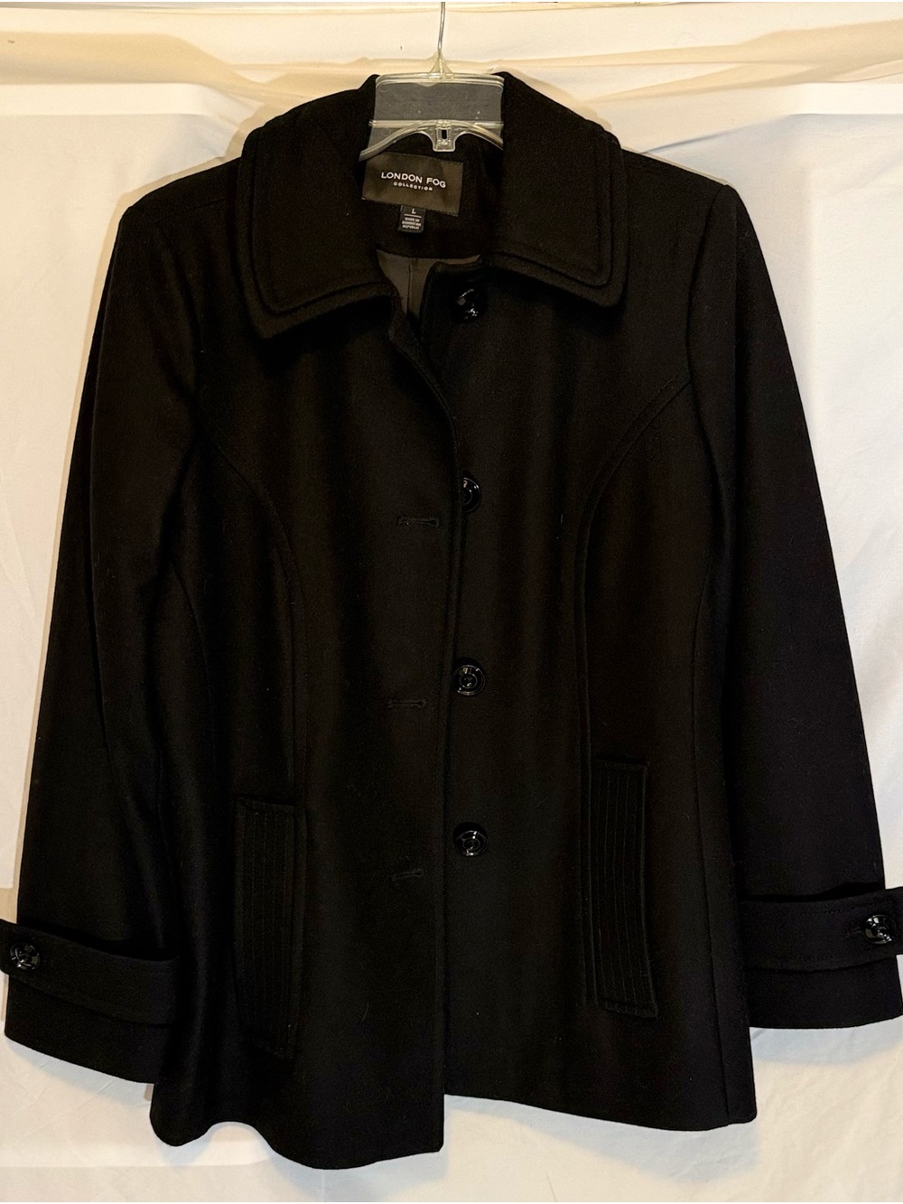 London Fog Women’s Black Mid-Length Wool Blend Button-Front Pea Coat Size Large